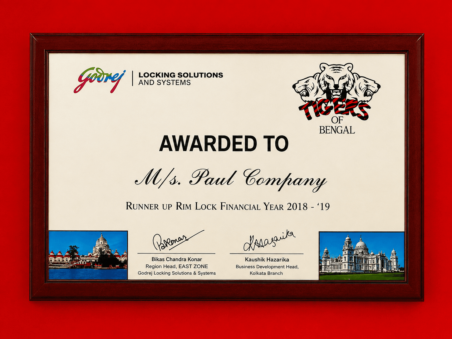 Award Plaque for Runner Up: Rim Lock Category by Godrej Tigers of Bengal