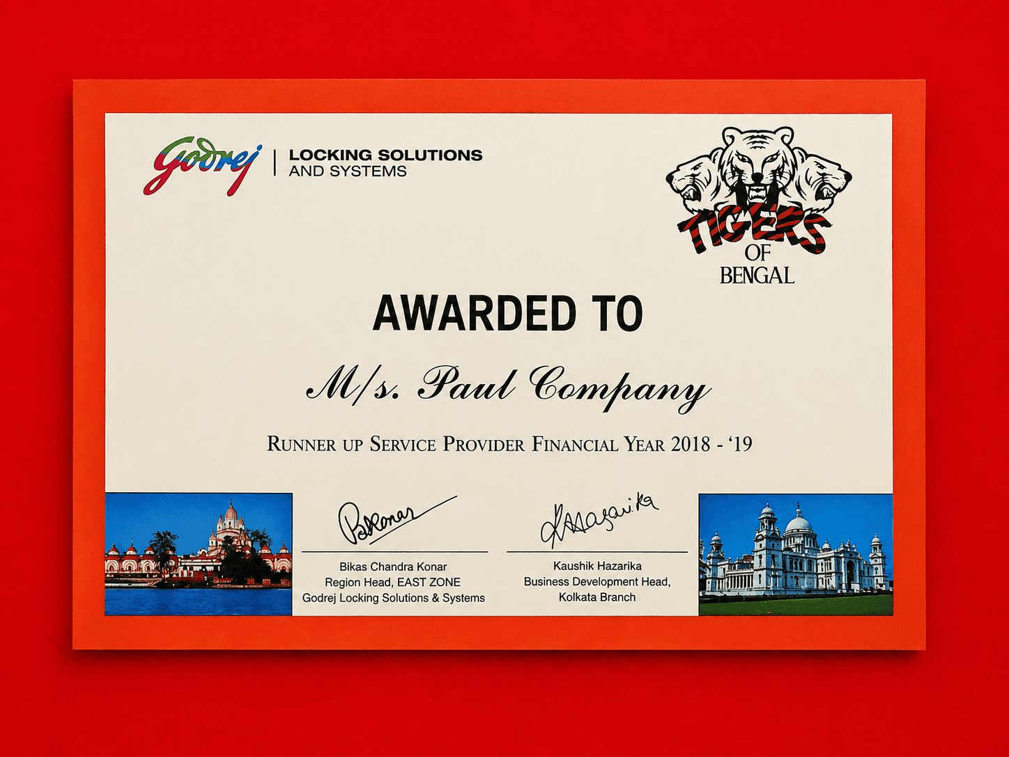 Award Plaque for Runner Up: Service Provider by Godrej Tigers of Bengal