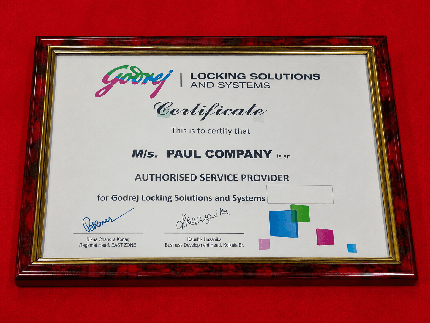 Award Plaque for Authorised Service Provider by Godrej Locking Solutions