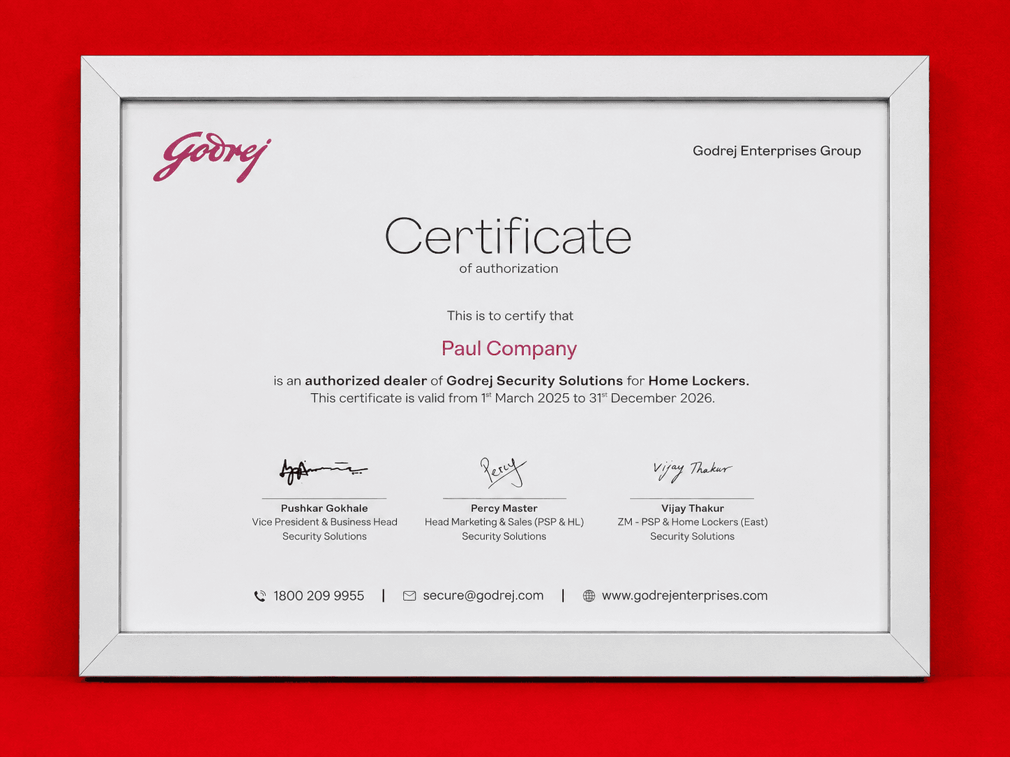 Award Plaque for Authorized Dealer - Home Lockers by Godrej Security Solutions