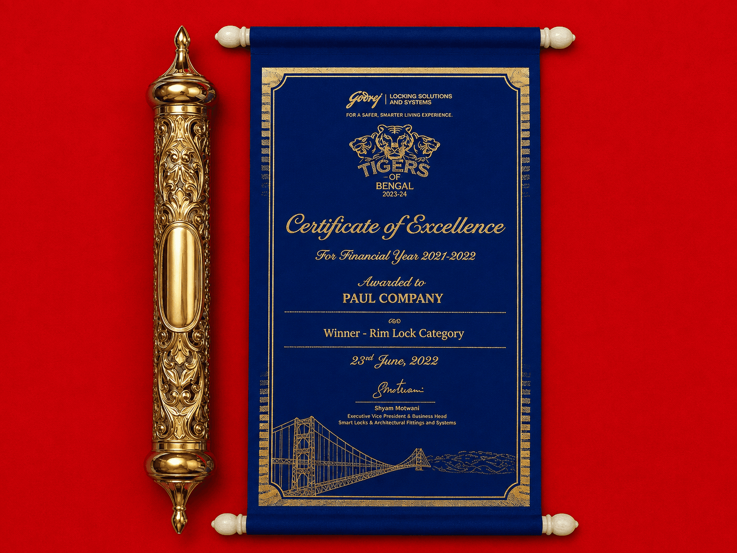 Award Plaque for Certificate of Excellence: Rim Lock Winner by Godrej Tigers of Bengal