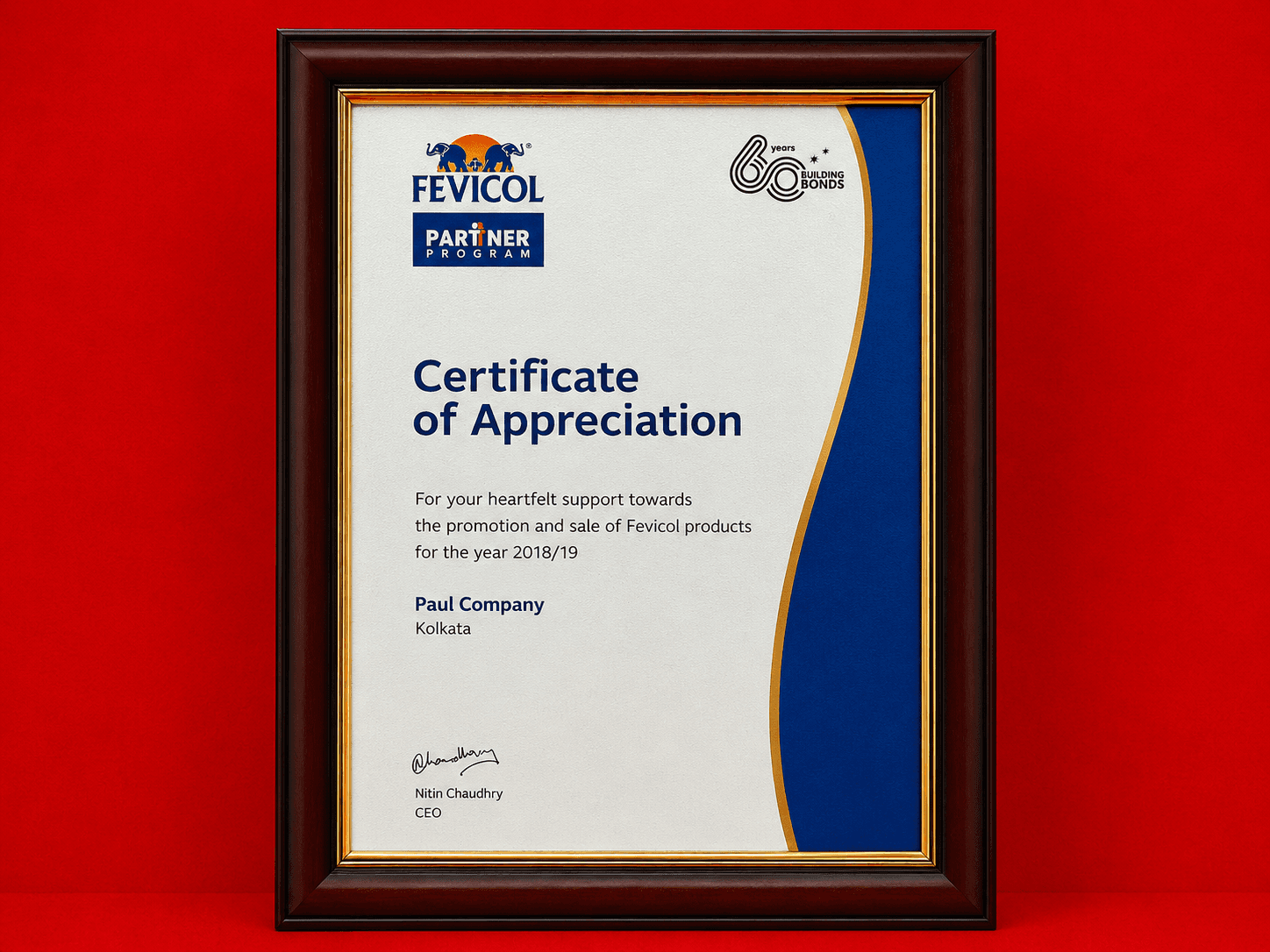 Award Plaque for Outstanding Business Support Appreciation by Fevicol Partner Program